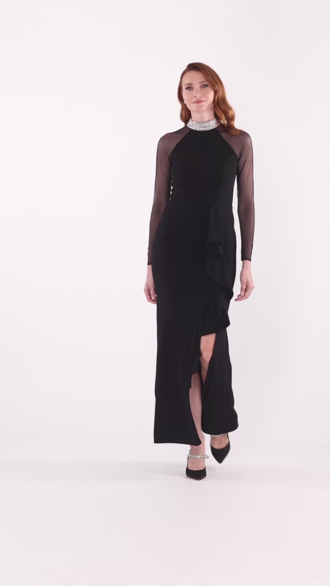 Betsy & Adam "Monique" Jersey Knit & Mesh Long Sleeve Dress - Black