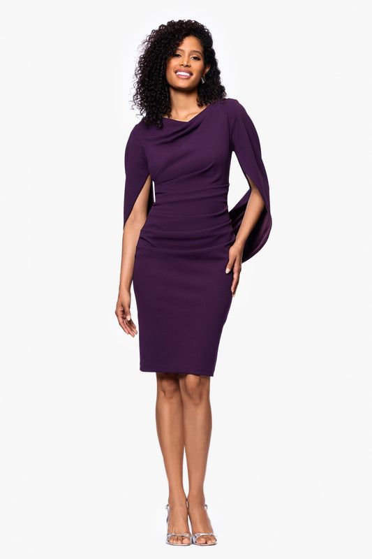 Betsy & Adam "Jordan" Scuba Crepe Draped Back Short Dress - Mulberry