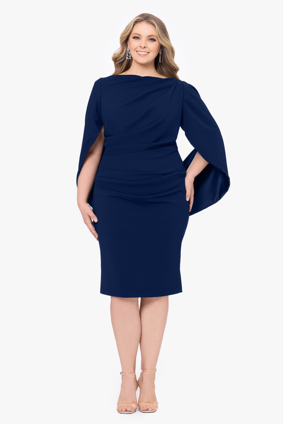Betsy & Adam Plus "Jordan" Scuba Crepe Draped Back Short Dress - Navy