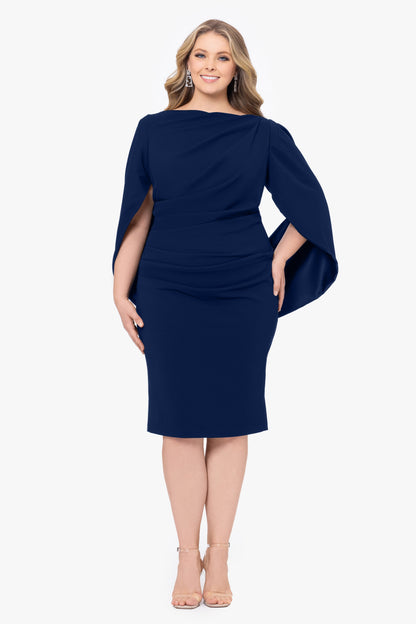 Betsy & Adam Plus "Jordan" Scuba Crepe Draped Back Short Dress - Navy