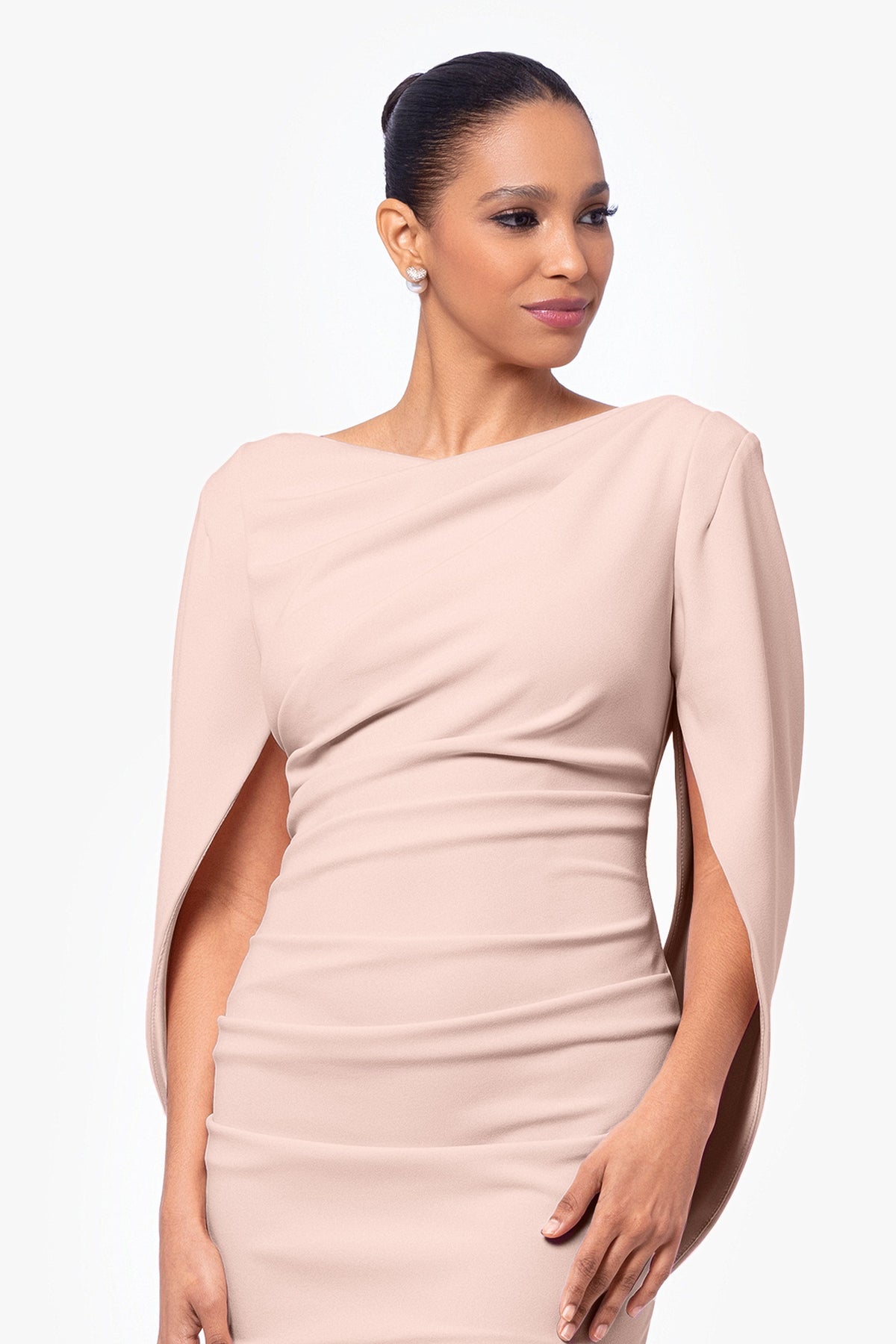 Betsy & Adam "Jordan" Scuba Crepe Draped Back Short Dress - Blush