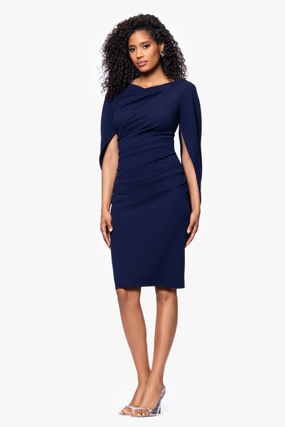 Betsy & Adam "Jordan" Scuba Crepe Draped Back Short Dress - Navy