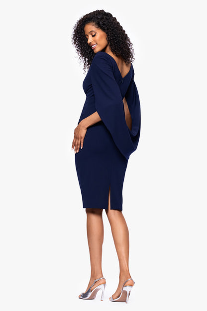 Betsy & Adam "Jordan" Scuba Crepe Draped Back Short Dress - Navy