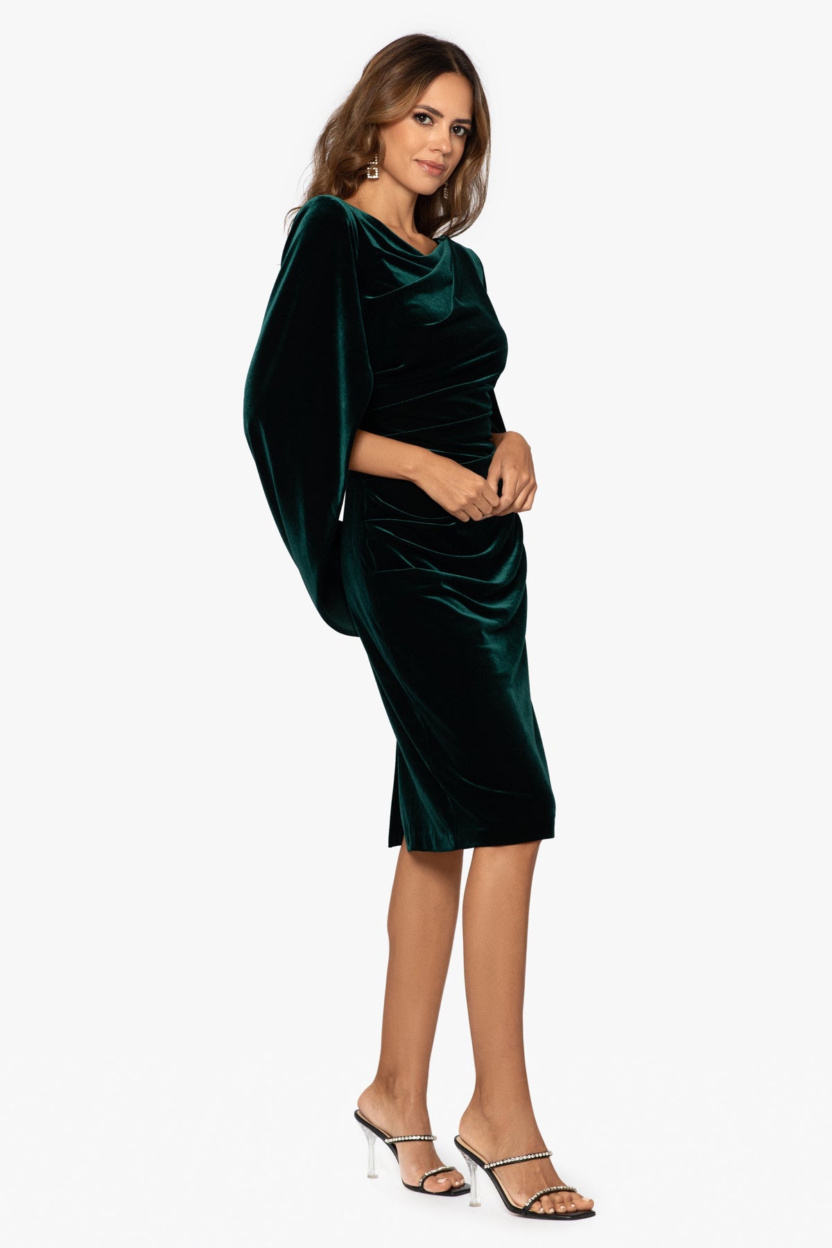 Betsy & Adam "Leona" Velvet Drape Back Short Dress - Hunter