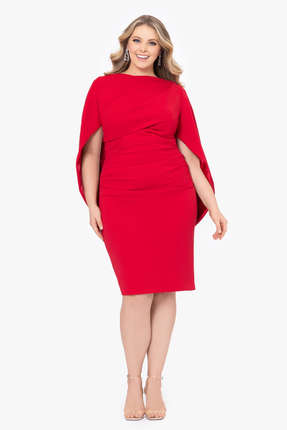 Betsy & Adam Plus "Jordan" Scuba Crepe Draped Back Short Dress - Red