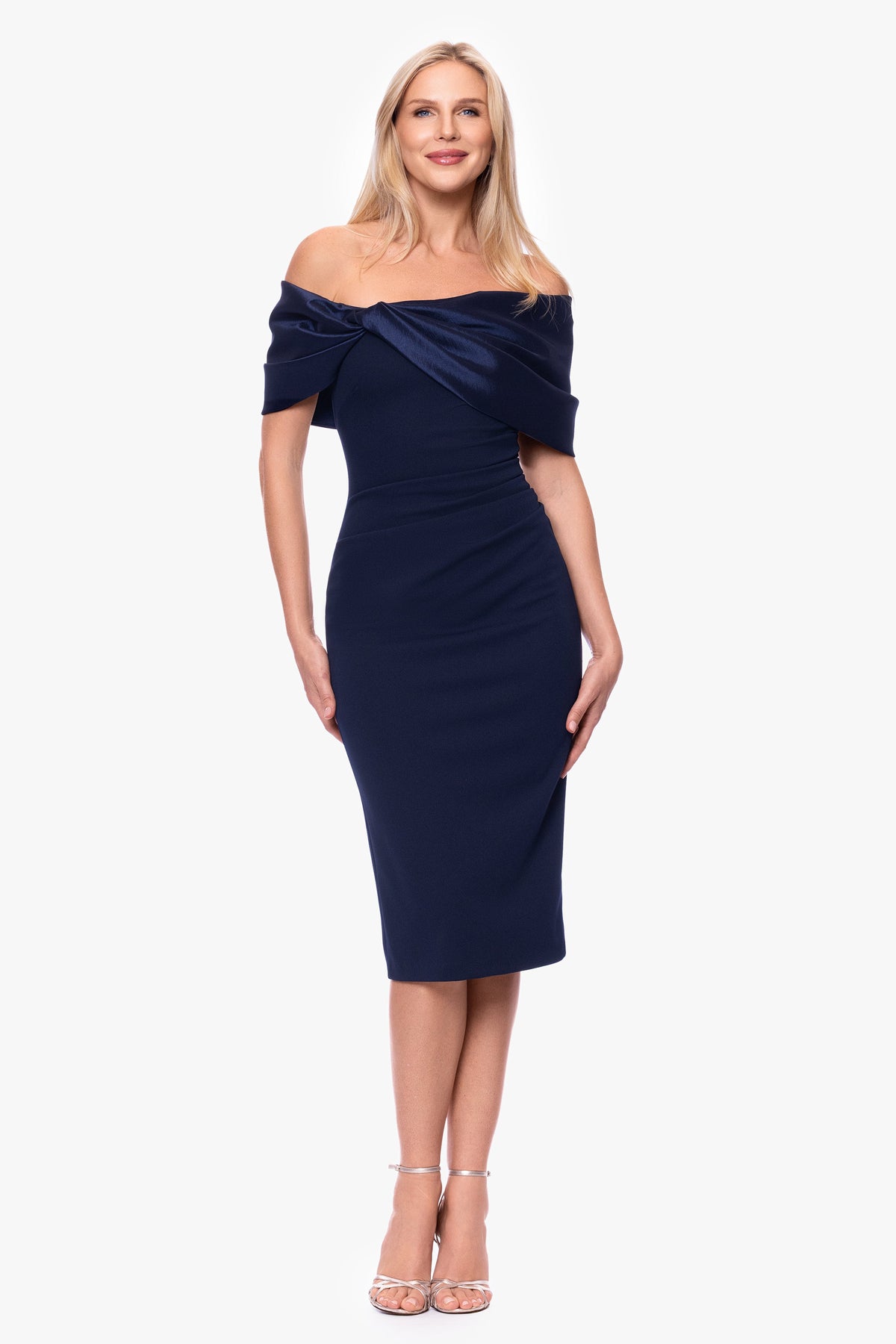 Betsy & Adam "Sloane" Scuba Crepe Off The Shoulder Short Dress - Navy