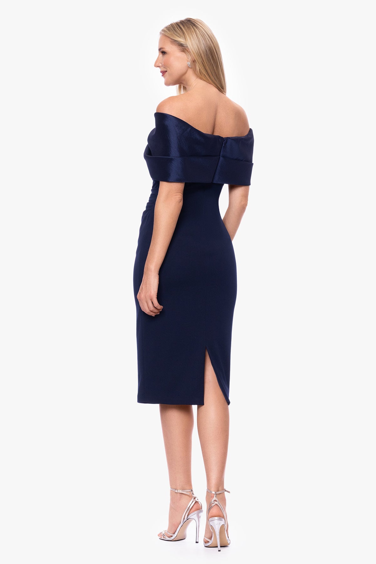 Betsy & Adam "Sloane" Scuba Crepe Off The Shoulder Short Dress - Navy