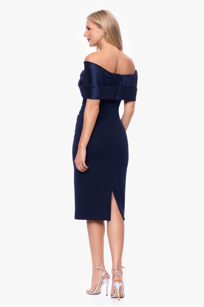 Betsy & Adam "Sloane" Scuba Crepe Off The Shoulder Short Dress - Navy