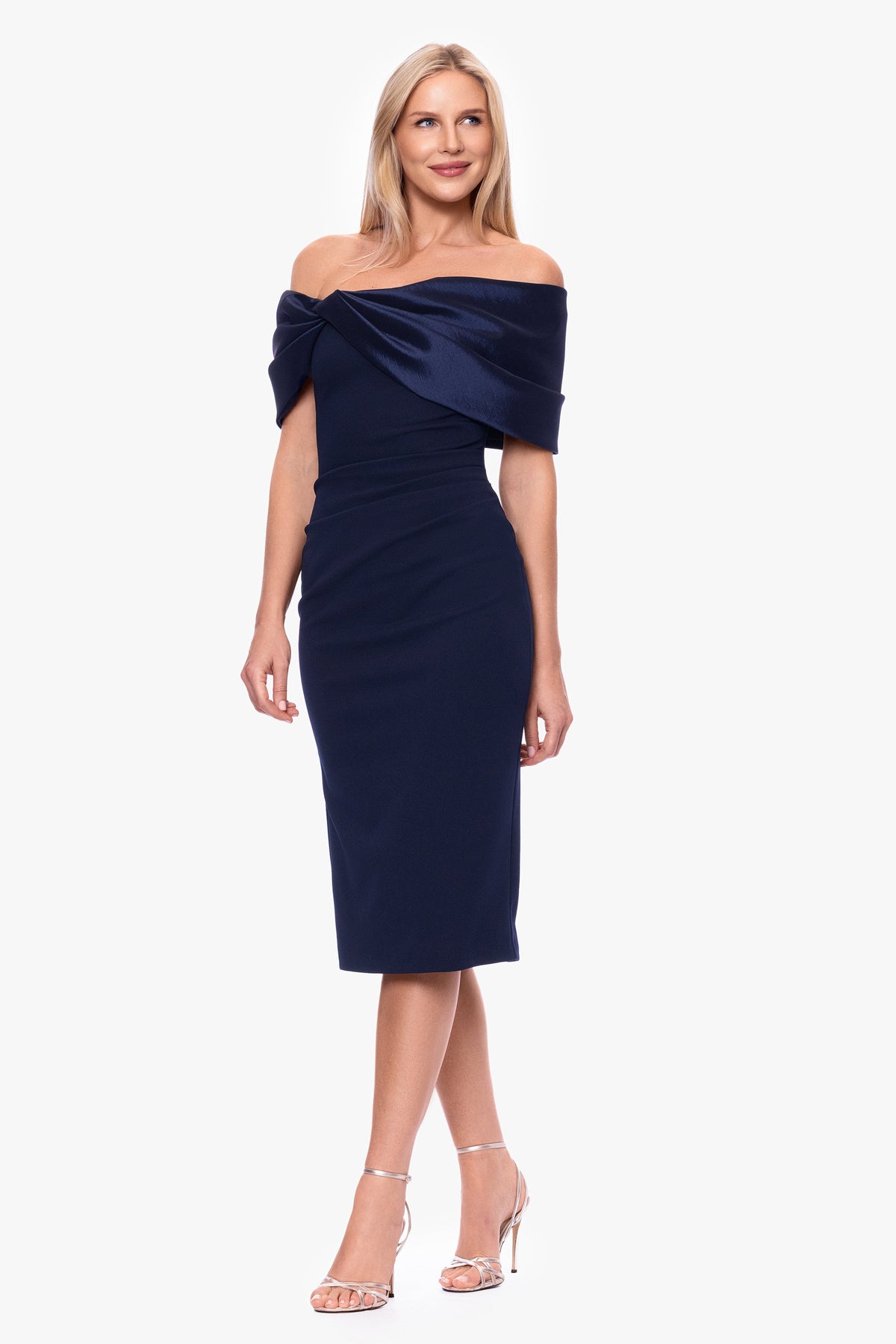 Betsy & Adam "Sloane" Scuba Crepe Off The Shoulder Short Dress - Navy