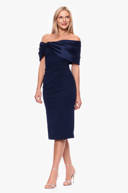 Betsy & Adam "Sloane" Scuba Crepe Off The Shoulder Short Dress - Navy