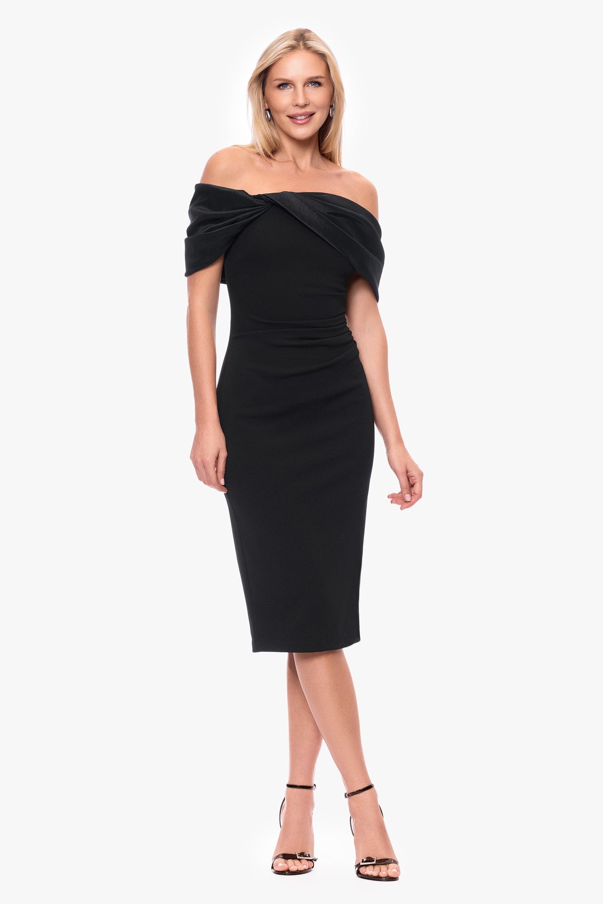 Betsy & Adam "Sloane" Scuba Crepe Off The Shoulder Short Dress - Black