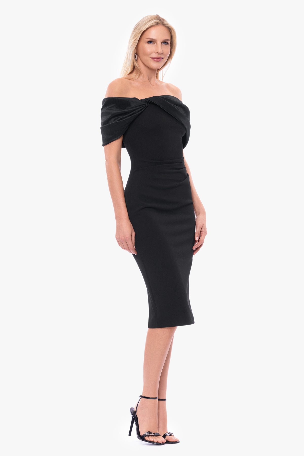 Betsy & Adam "Sloane" Scuba Crepe Off The Shoulder Short Dress - Black