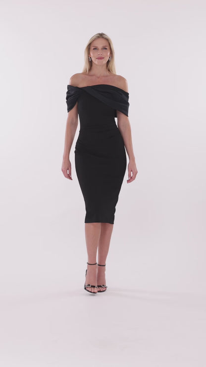 Betsy & Adam "Sloane" Scuba Crepe Off The Shoulder Short Dress - Black