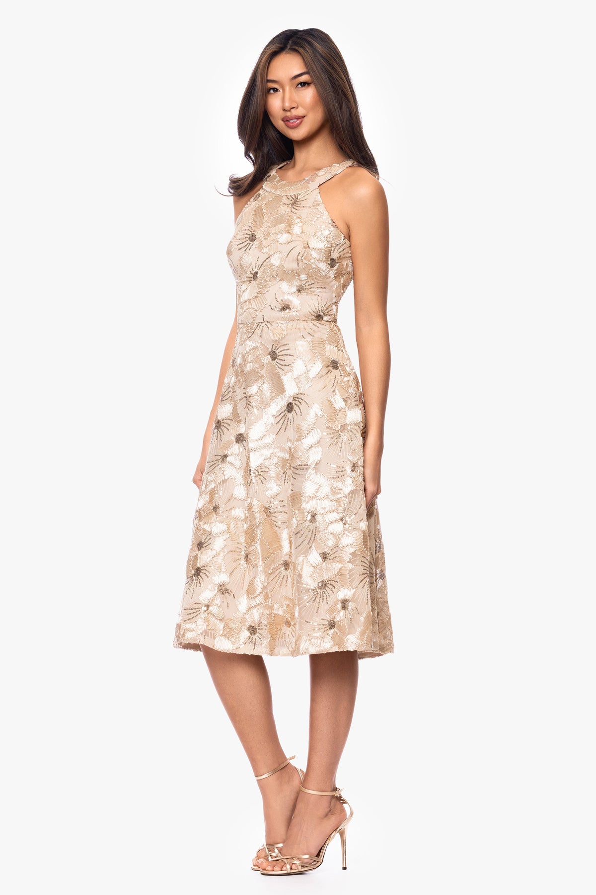 Betsy & Adam "Piper" Soutache & Sequin Sleeveless Short Dress - Champagne
