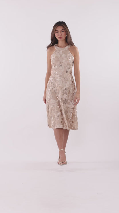 Betsy & Adam "Piper" Soutache & Sequin Sleeveless Short Dress - Champagne