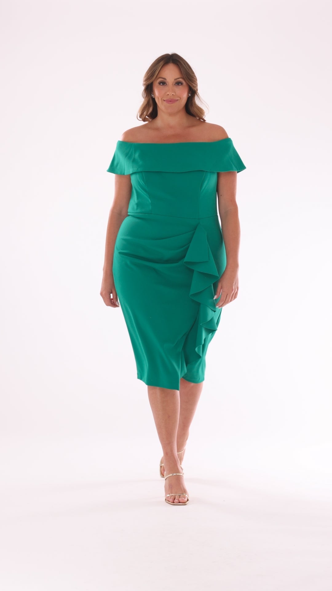 Betsy & Adam Plus "Kourtney" Scuba Crepe Off the Shoulder Ruffle Midi Dress - Green