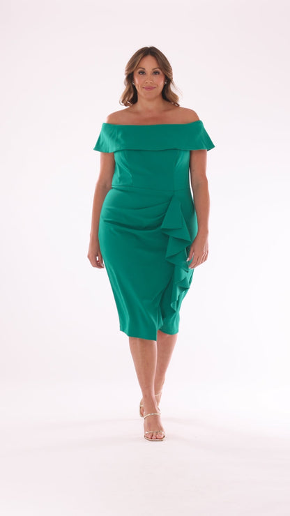 Betsy & Adam Plus "Kourtney" Scuba Crepe Off the Shoulder Ruffle Midi Dress - Green