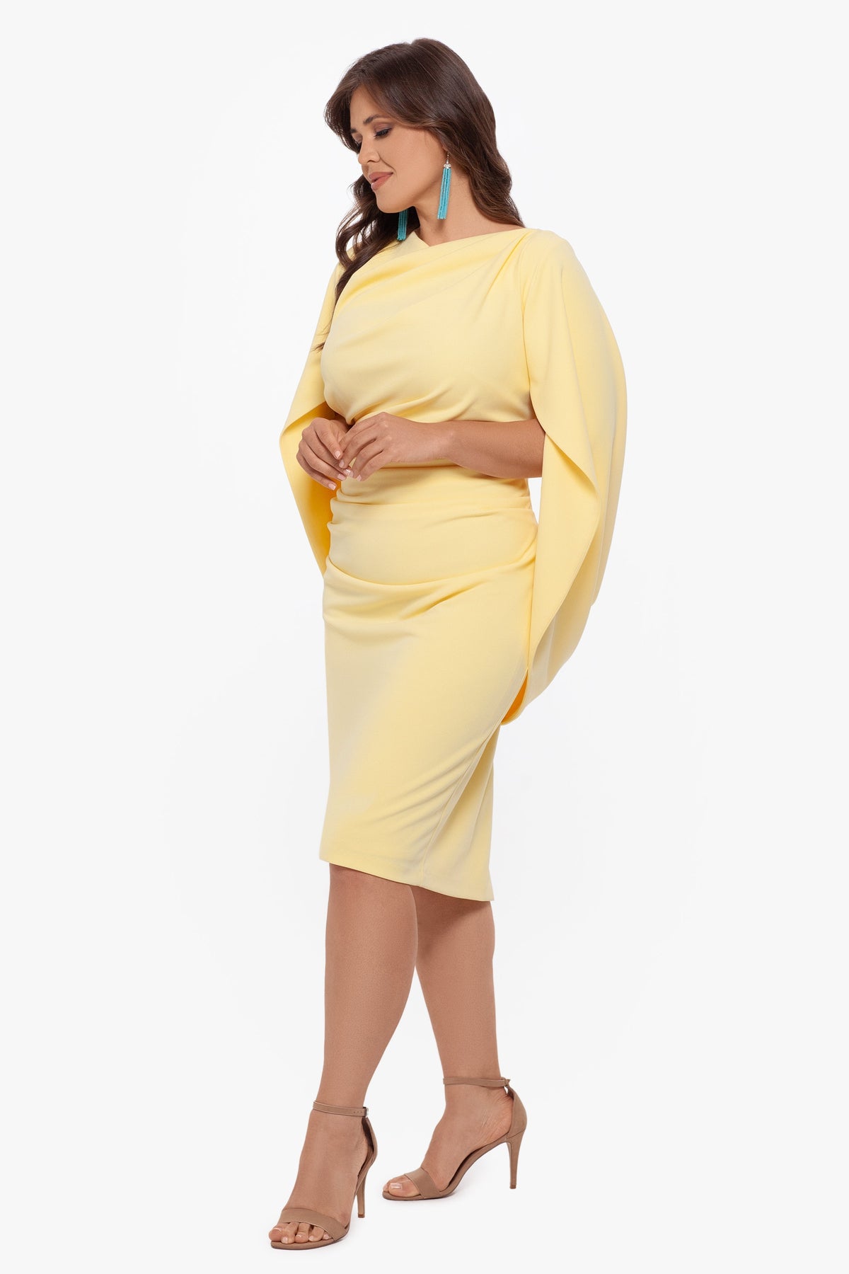 Betsy & Adam Plus "Jordan" Scuba Crepe Draped Back Short Dress - Yellow