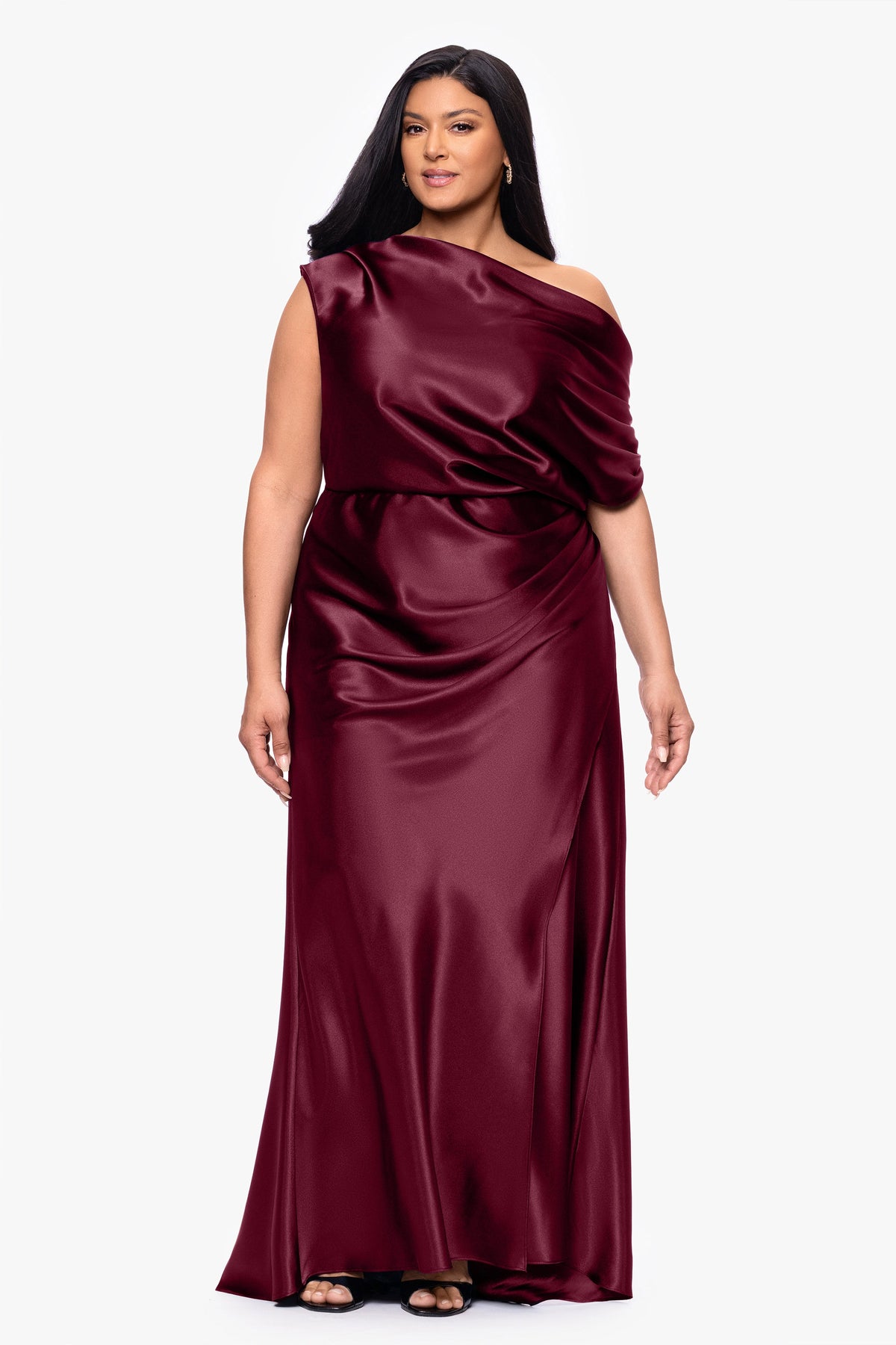 Betsy & Adam Plus "Sofia" Satin Drop Shoulder Dress - Burgundy