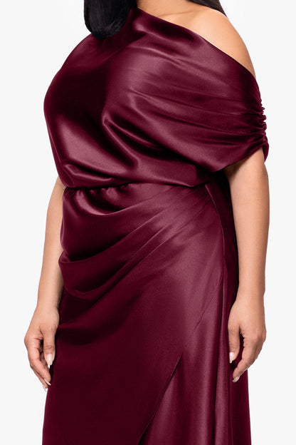 Betsy & Adam Plus "Sofia" Satin Drop Shoulder Dress - Burgundy
