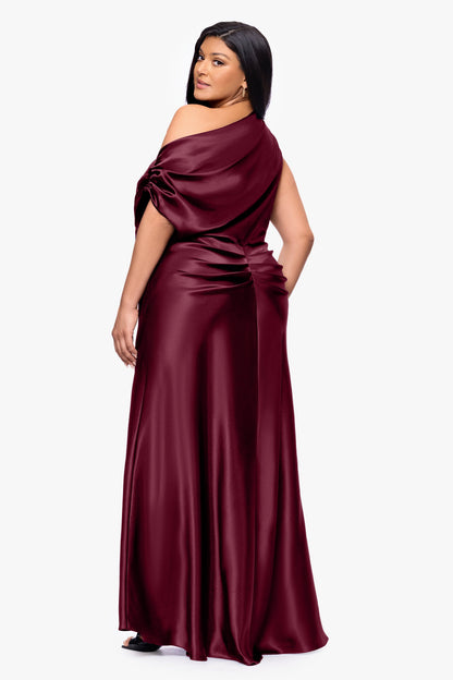 Betsy & Adam Plus "Sofia" Satin Drop Shoulder Dress - Burgundy