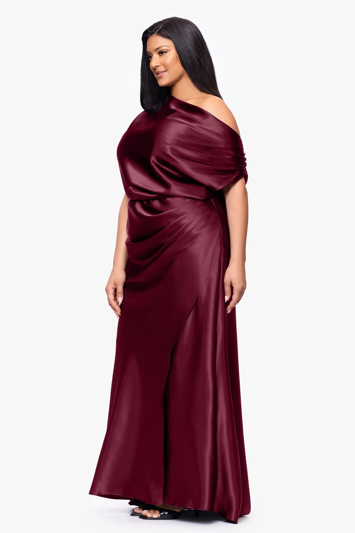 Betsy & Adam Plus "Sofia" Satin Drop Shoulder Dress - Burgundy