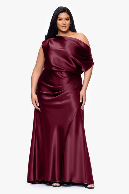 Betsy & Adam Plus "Sofia" Satin Drop Shoulder Dress - Burgundy