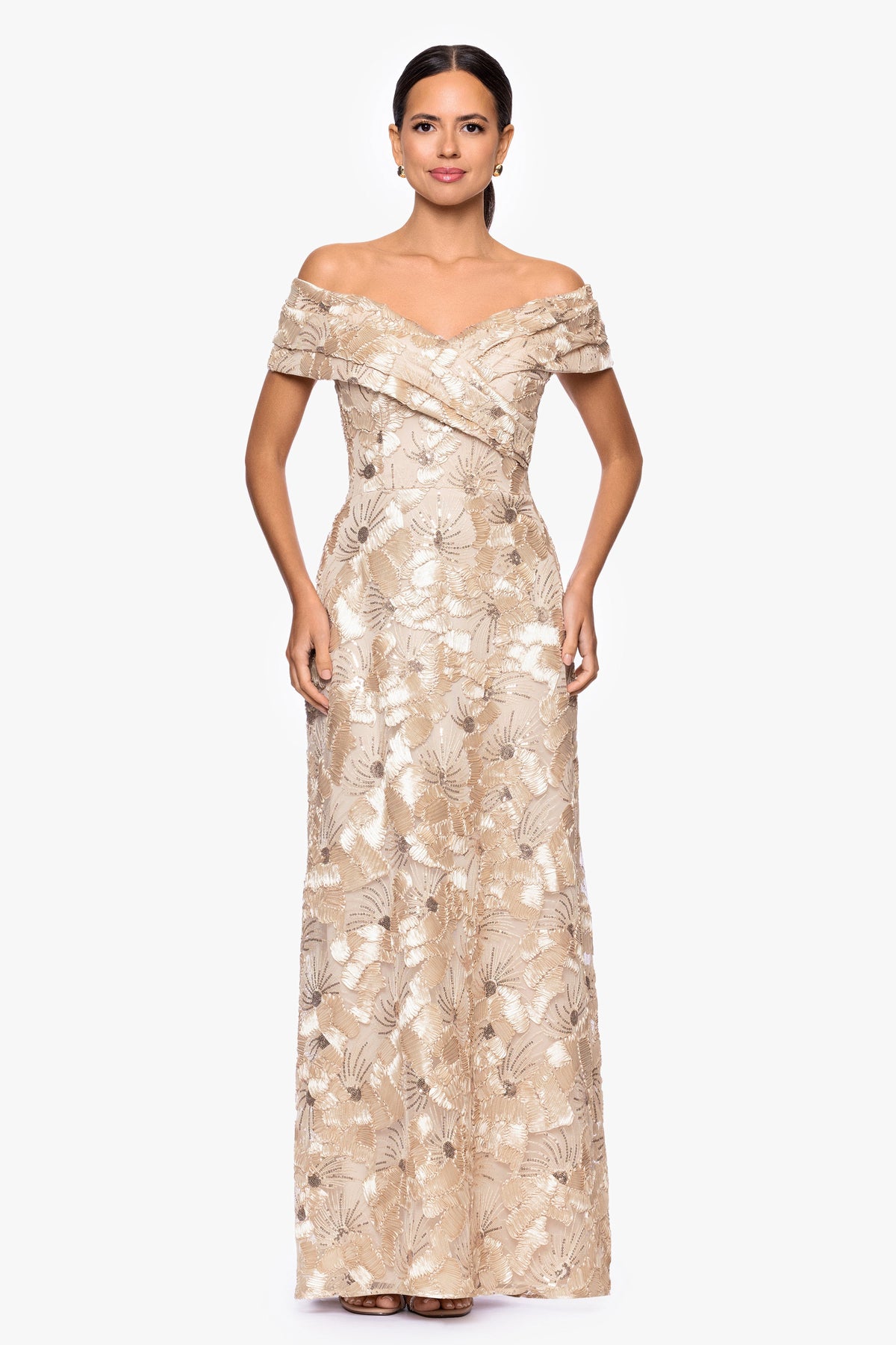 Betsy & Adam "Teyana" Soutache Sequin Off Shoulder Dress - Champagne