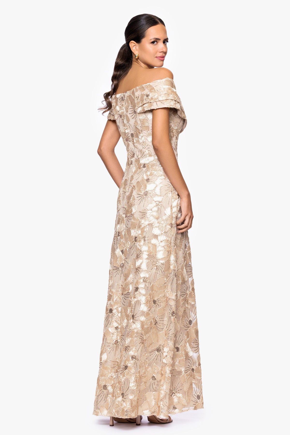 Betsy & Adam "Teyana" Soutache Sequin Off Shoulder Dress - Champagne