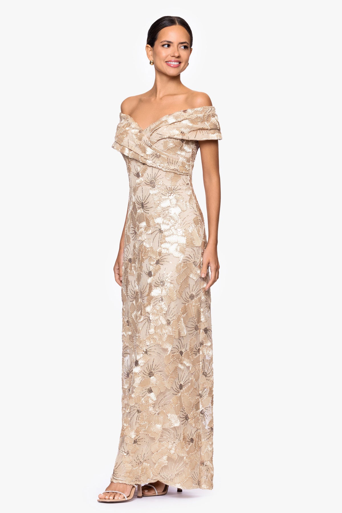 Betsy & Adam "Teyana" Soutache Sequin Off Shoulder Dress - Champagne