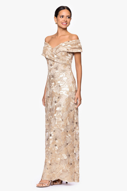 Betsy & Adam "Teyana" Soutache Sequin Off Shoulder Dress - Champagne