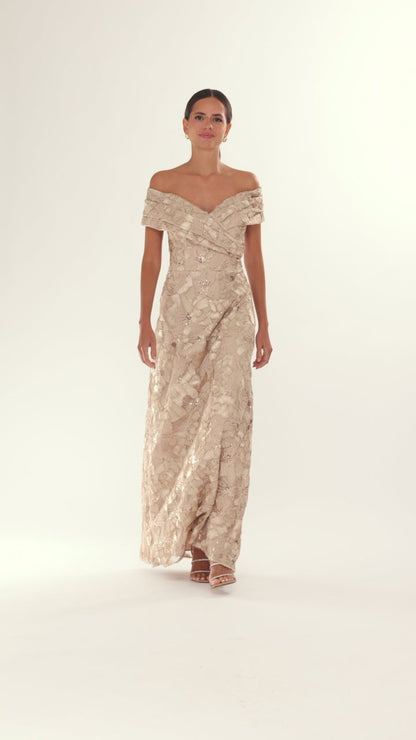 Betsy & Adam "Teyana" Soutache Sequin Off Shoulder Dress - Champagne
