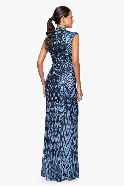 Betsy & Adam "Melina" Placement Sequin Mock Neck Dress - Blue