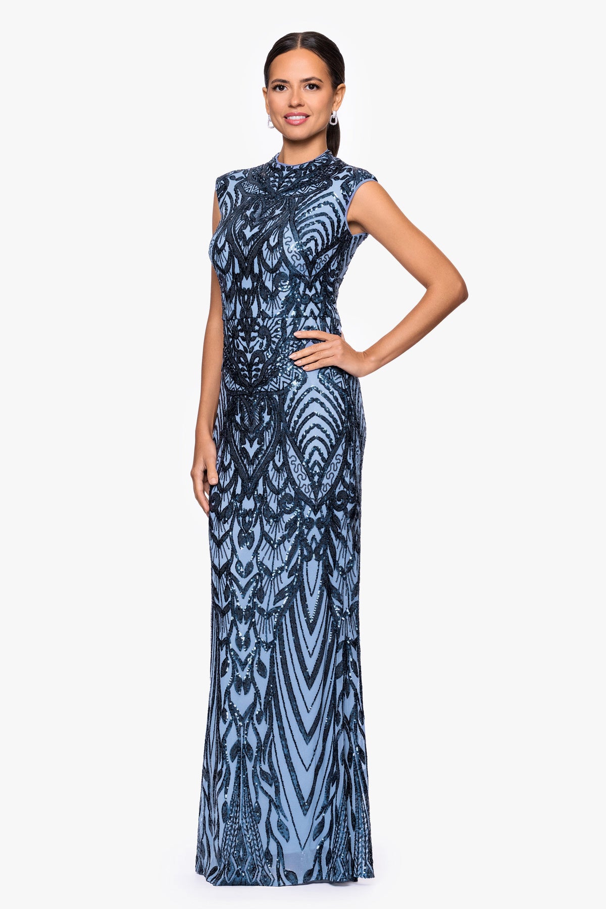 Betsy & Adam "Melina" Placement Sequin Mock Neck Dress - Blue