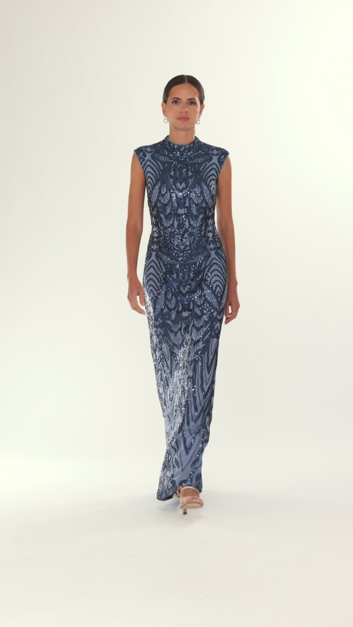 Betsy & Adam "Melina" Placement Sequin Mock Neck Dress - Blue