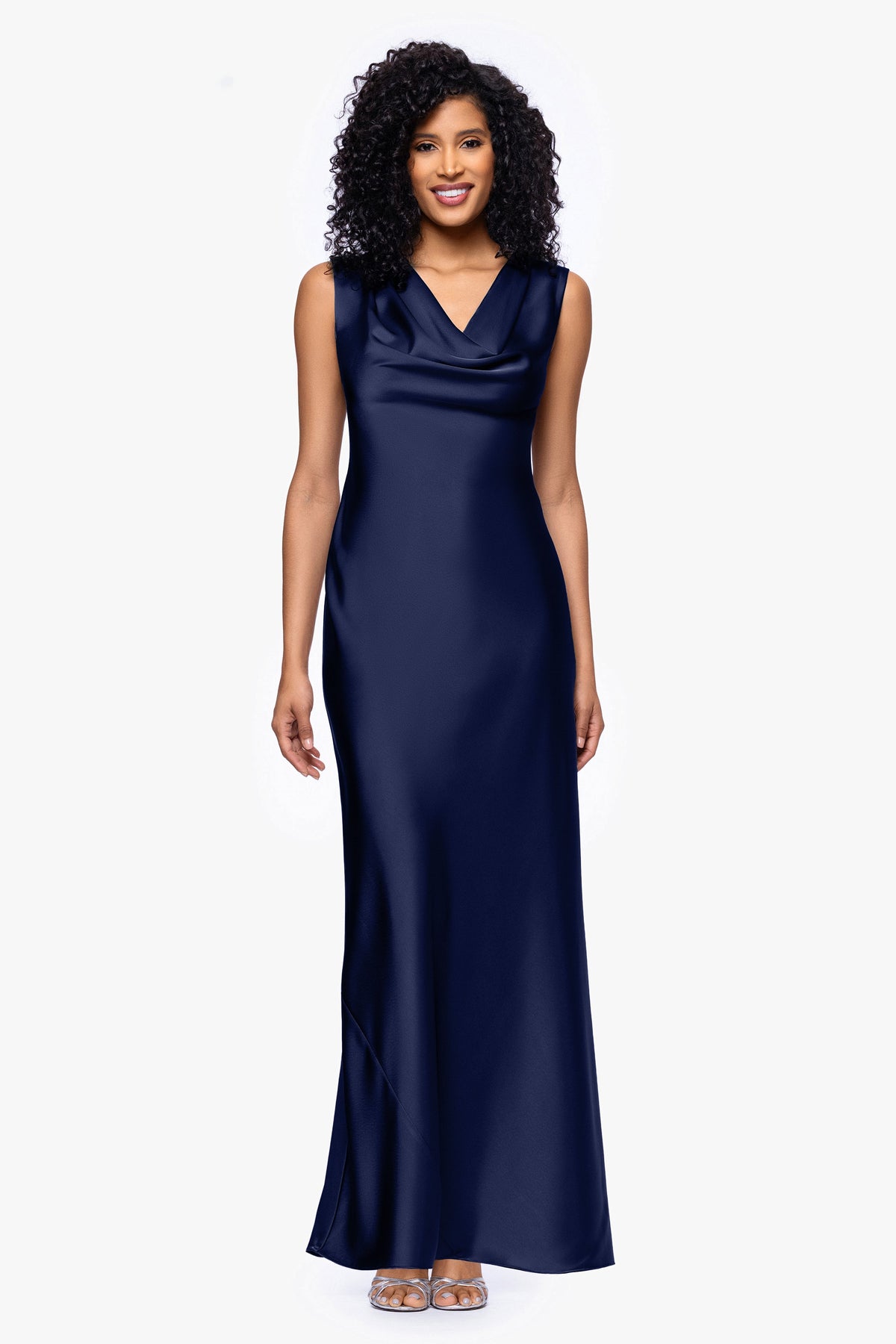 Betsy & Adam Petite "Amberly" Satin Drape Neck Dress - Navy