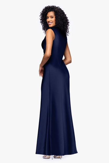 Betsy & Adam Petite "Amberly" Satin Drape Neck Dress - Navy
