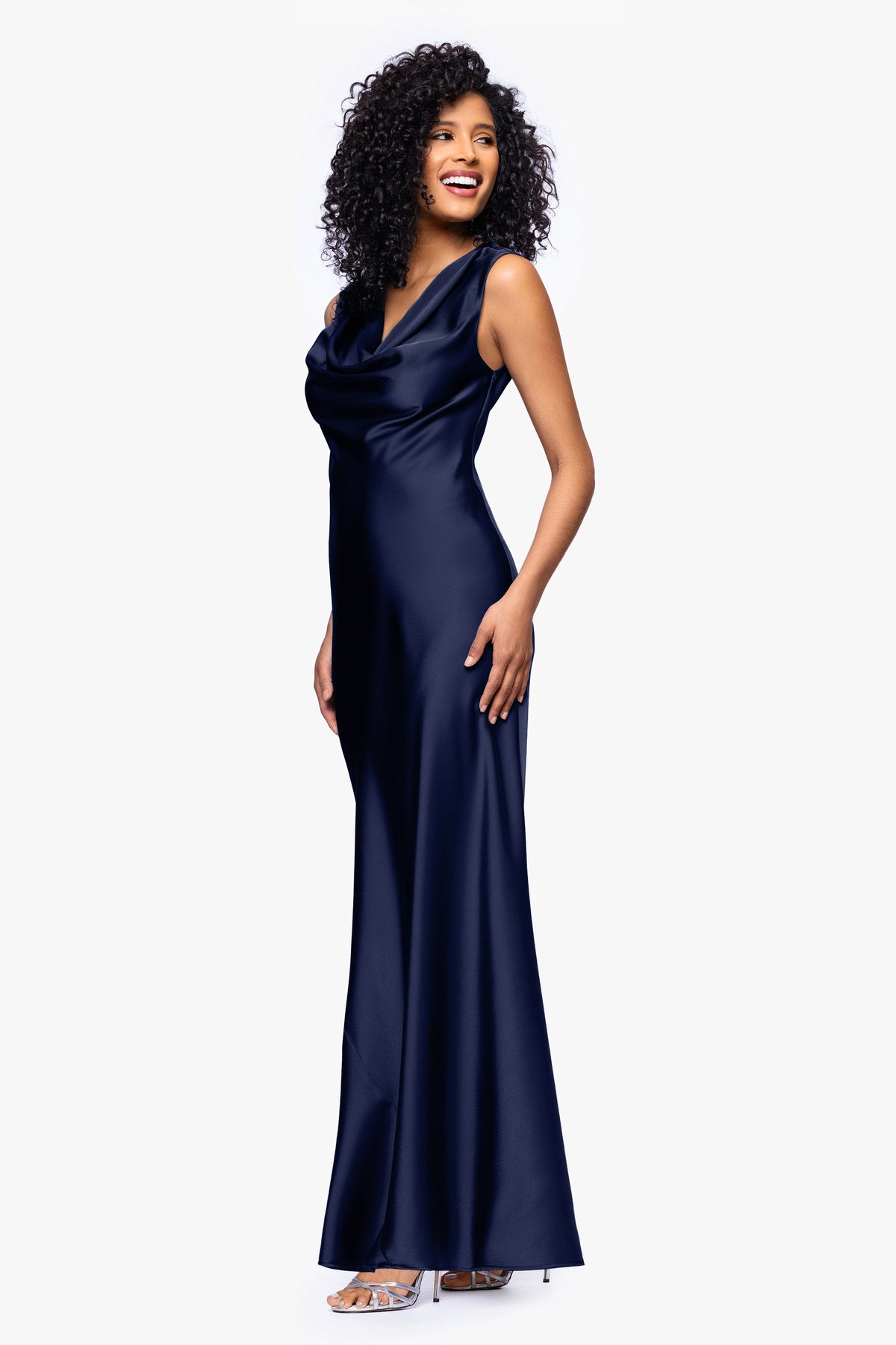 Betsy & Adam Petite "Amberly" Satin Drape Neck Dress - Navy