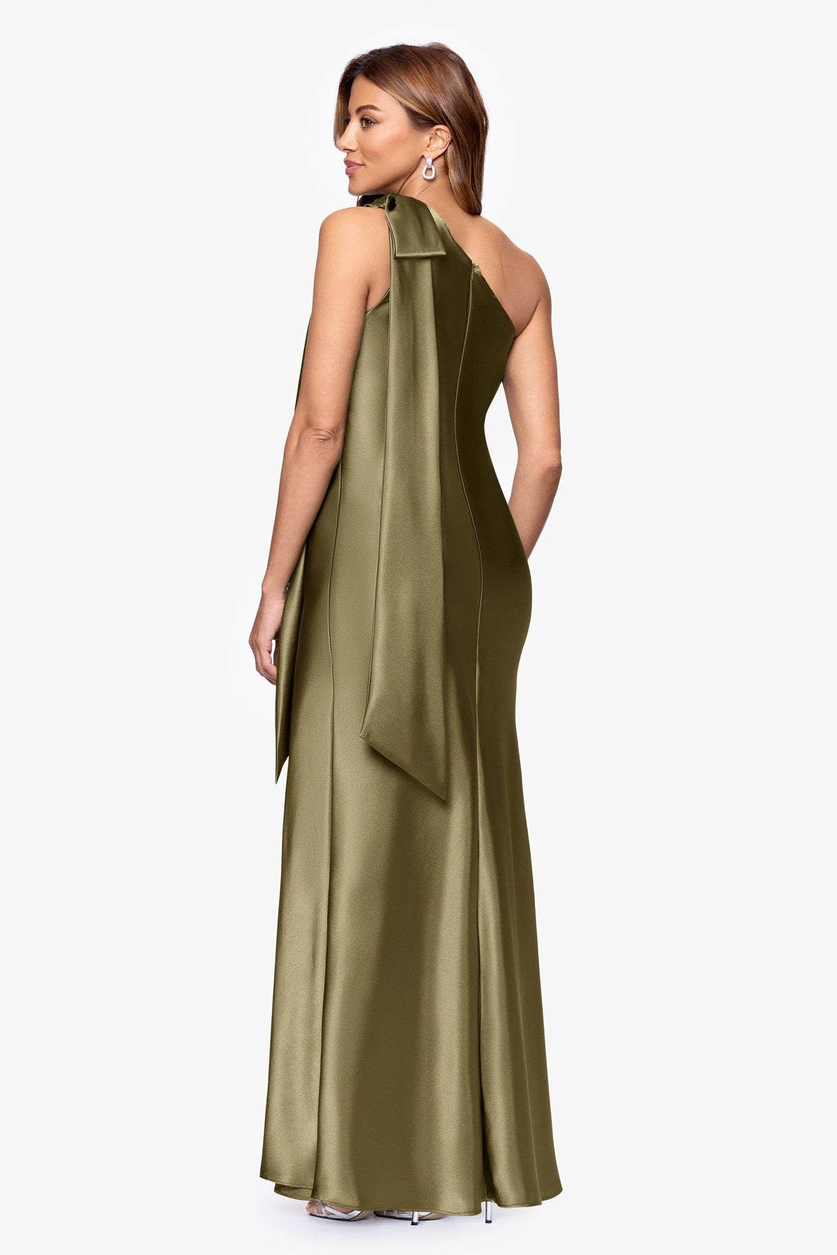 Betsy & Adam Petite "Dove" Satin One Shoulder Bow Dress - Olive
