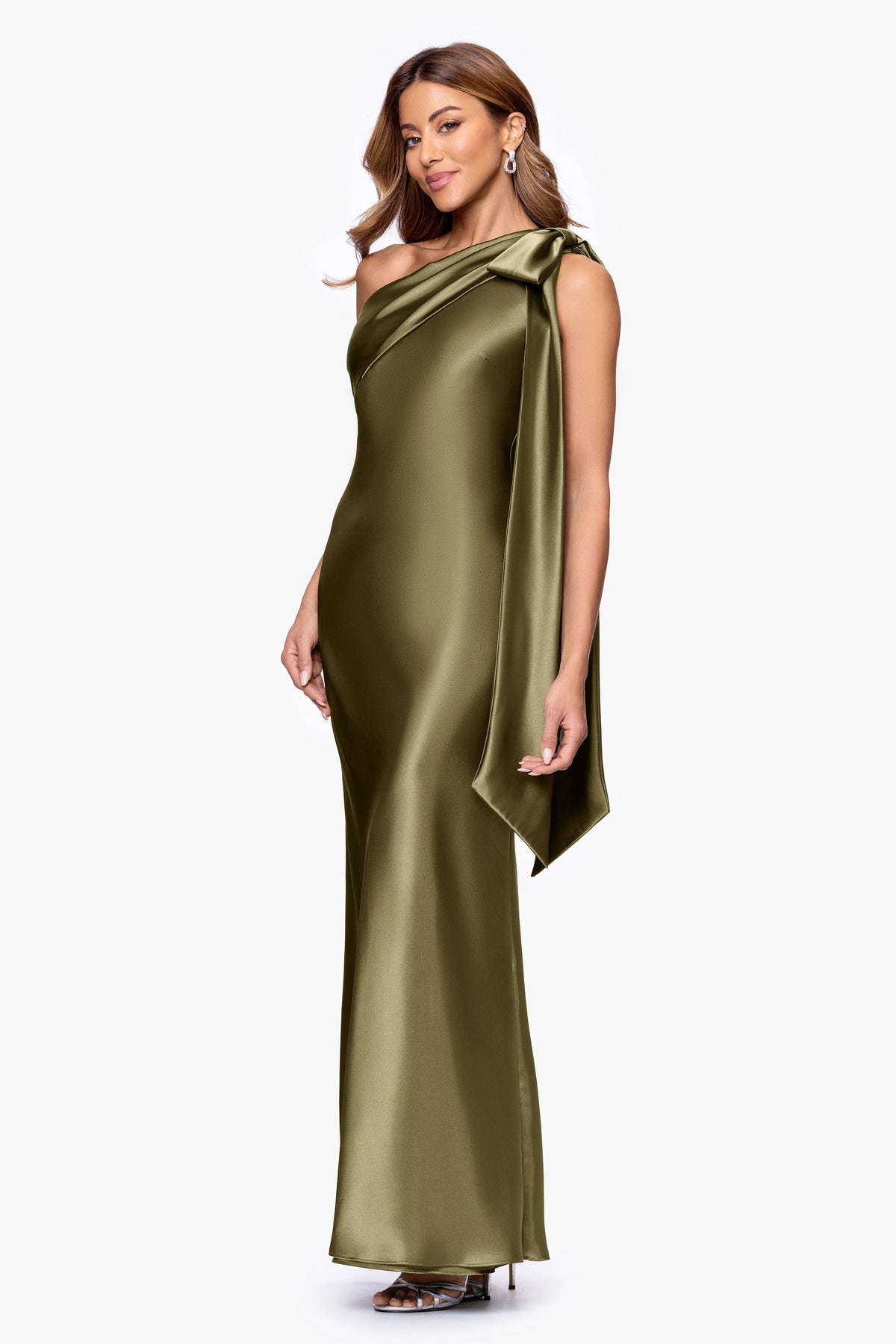 Betsy & Adam Petite "Dove" Satin One Shoulder Bow Dress - Olive