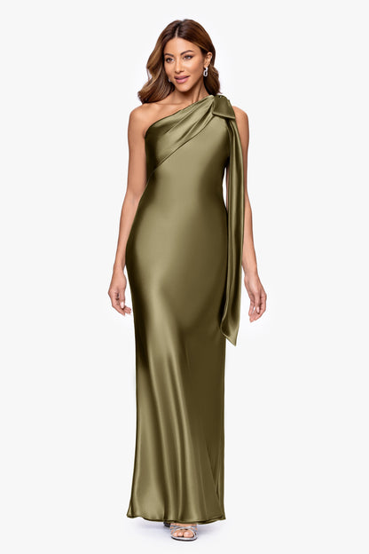 Betsy & Adam Petite "Dove" Satin One Shoulder Bow Dress - Olive
