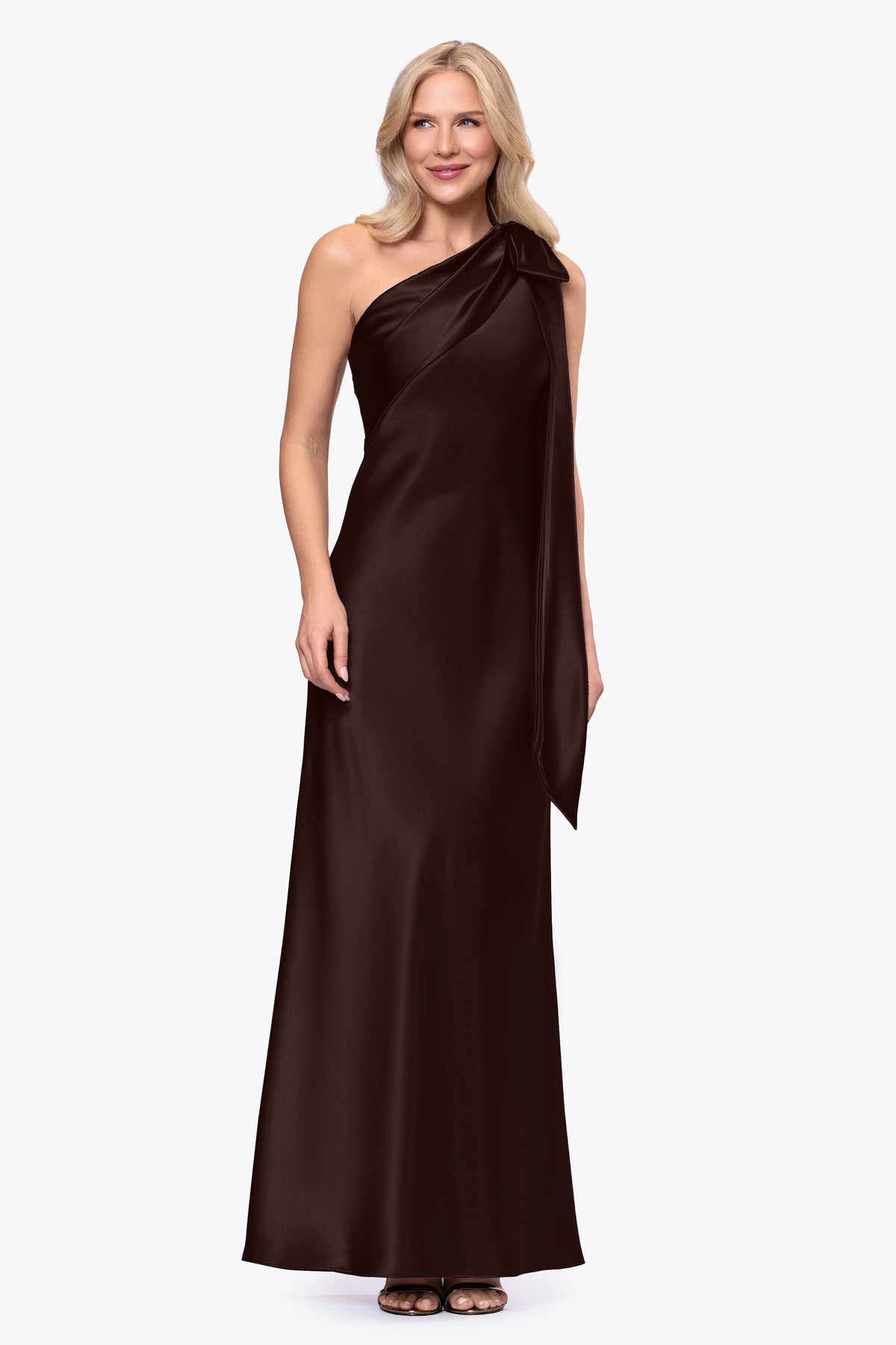 Betsy & Adam Petite "Dove" Satin One Shoulder Bow Dress - Brown