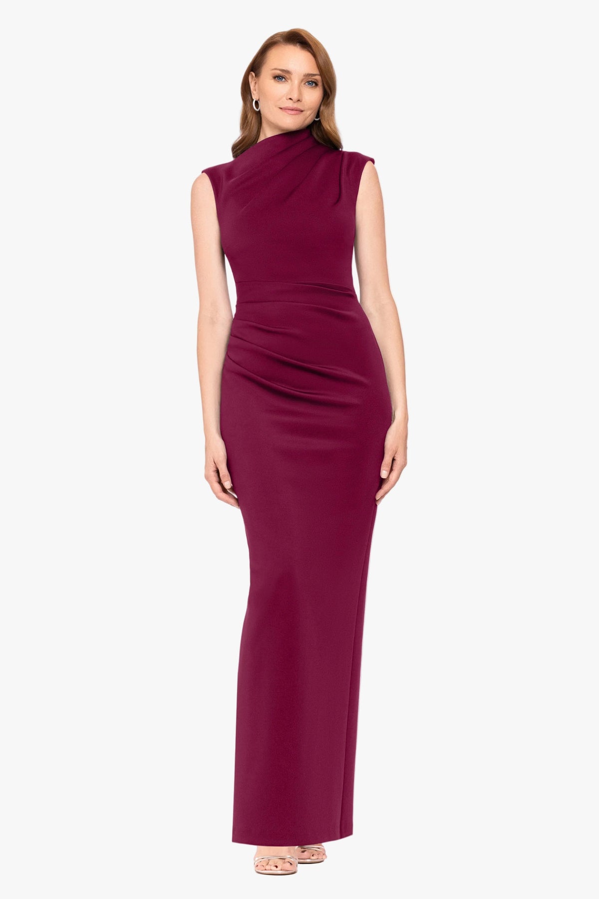 Betsy & Adam "Mitch" Techno Scuba Asymmetrical Neckline Dress - Wine