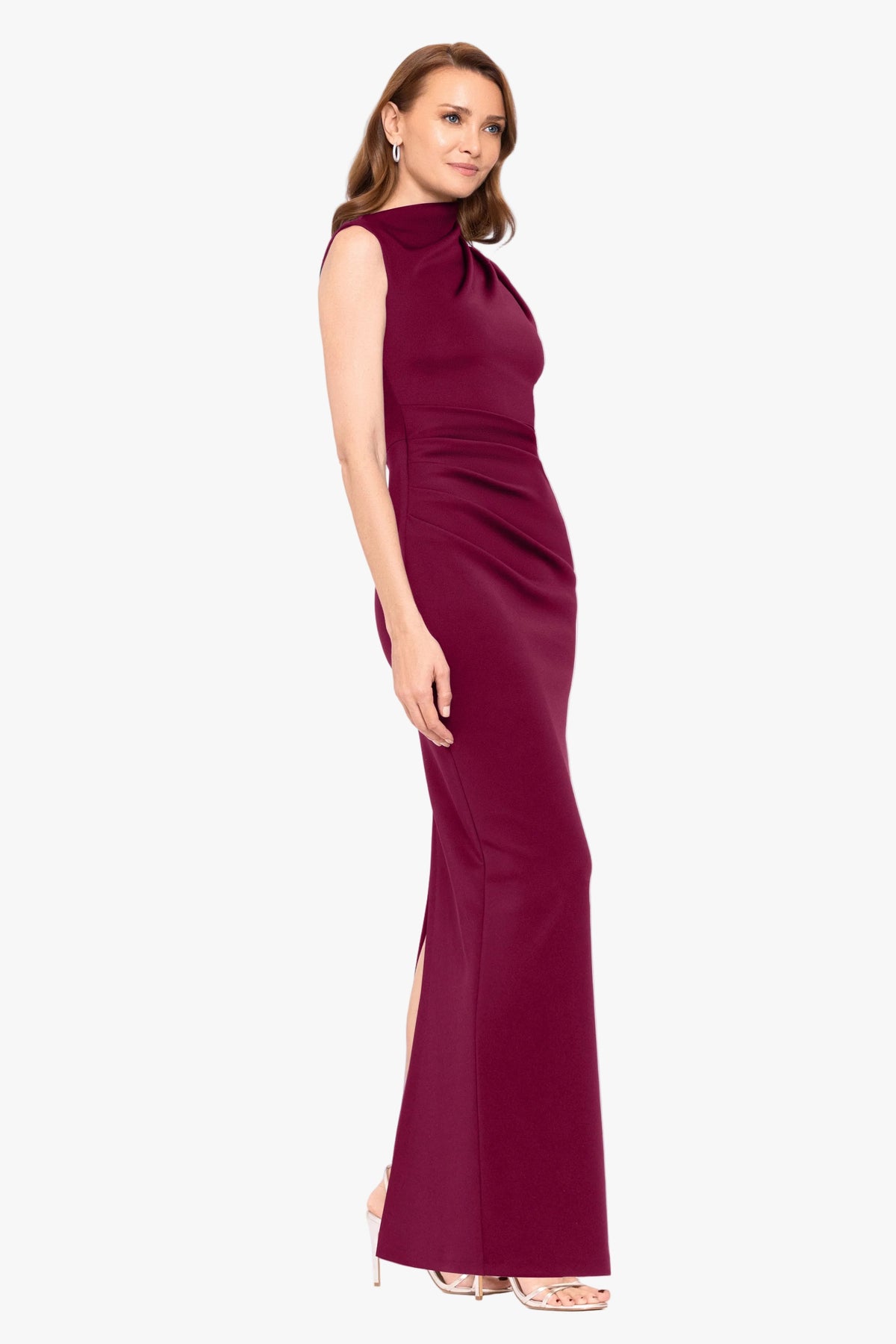 Betsy & Adam "Mitch" Techno Scuba Asymmetrical Neckline Dress - Wine