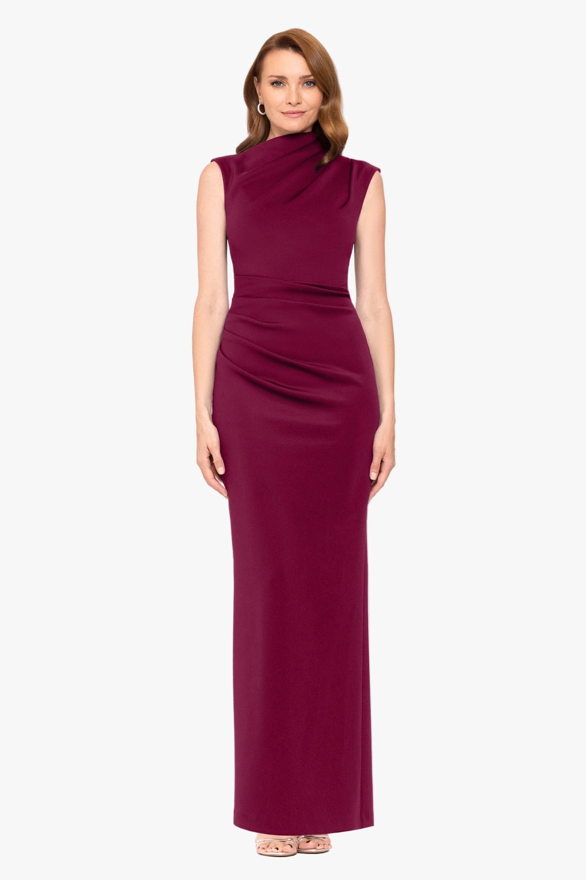 Betsy & Adam "Mitch" Techno Scuba Asymmetrical Neckline Dress - Wine