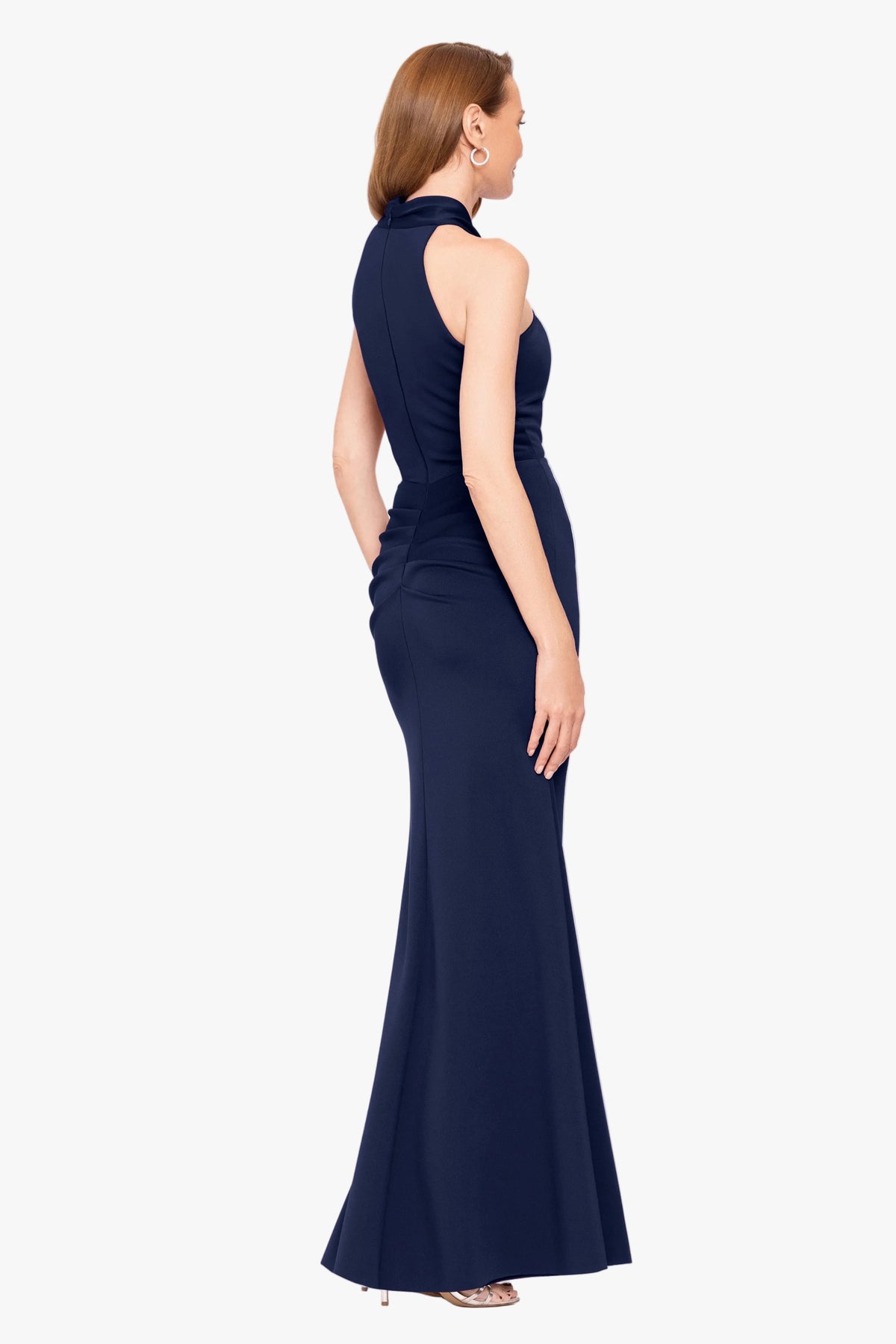 Betsy & Adam Petite "Hazel" Scuba Crepe Knotted Neck Side Ruffle Dress - Midnight