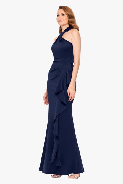 Betsy & Adam Petite "Hazel" Scuba Crepe Knotted Neck Side Ruffle Dress - Midnight