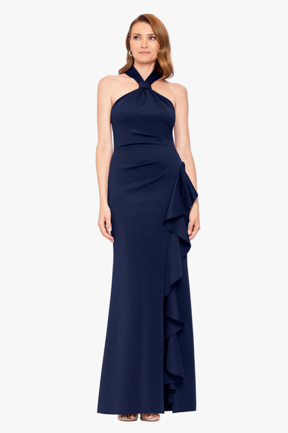 Betsy & Adam Petite "Hazel" Scuba Crepe Knotted Neck Side Ruffle Dress - Midnight