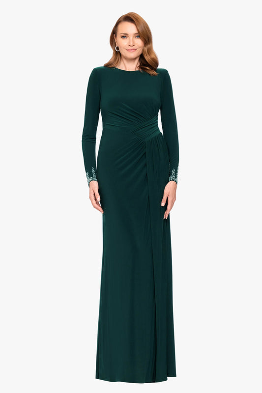 Betsy & Adam "Kenley" Jersey Knit Long Sleeve Beaded Cuff Dress - Forest