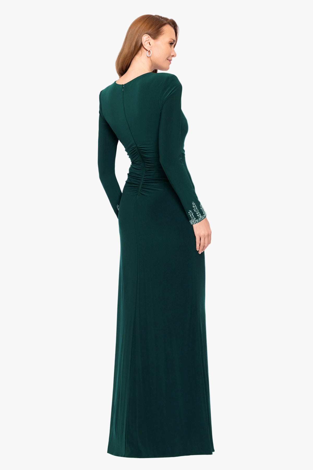 Betsy & Adam "Kenley" Jersey Knit Long Sleeve Beaded Cuff Dress - Forest